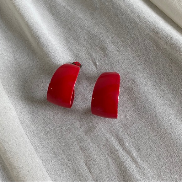 Vintage 80s Red Metal Chunky Hoop Clip Earrings - Picture 3 of 5